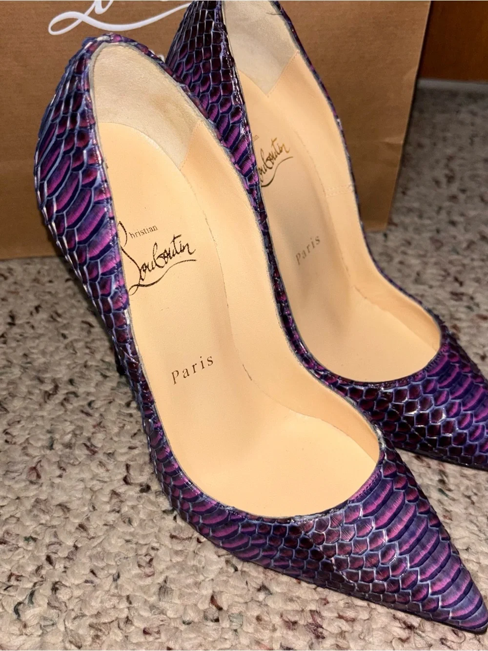 Christian Louboutin Purple Snakeskin Pointed-Toe Pumps with Red Soles